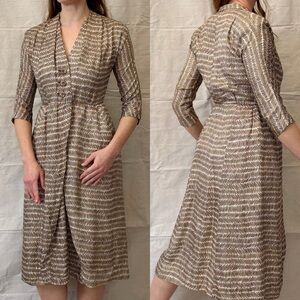 Vintage 50s Classy Champagne Scribble 100% Silk Cocktail Dress by Helga size M/L